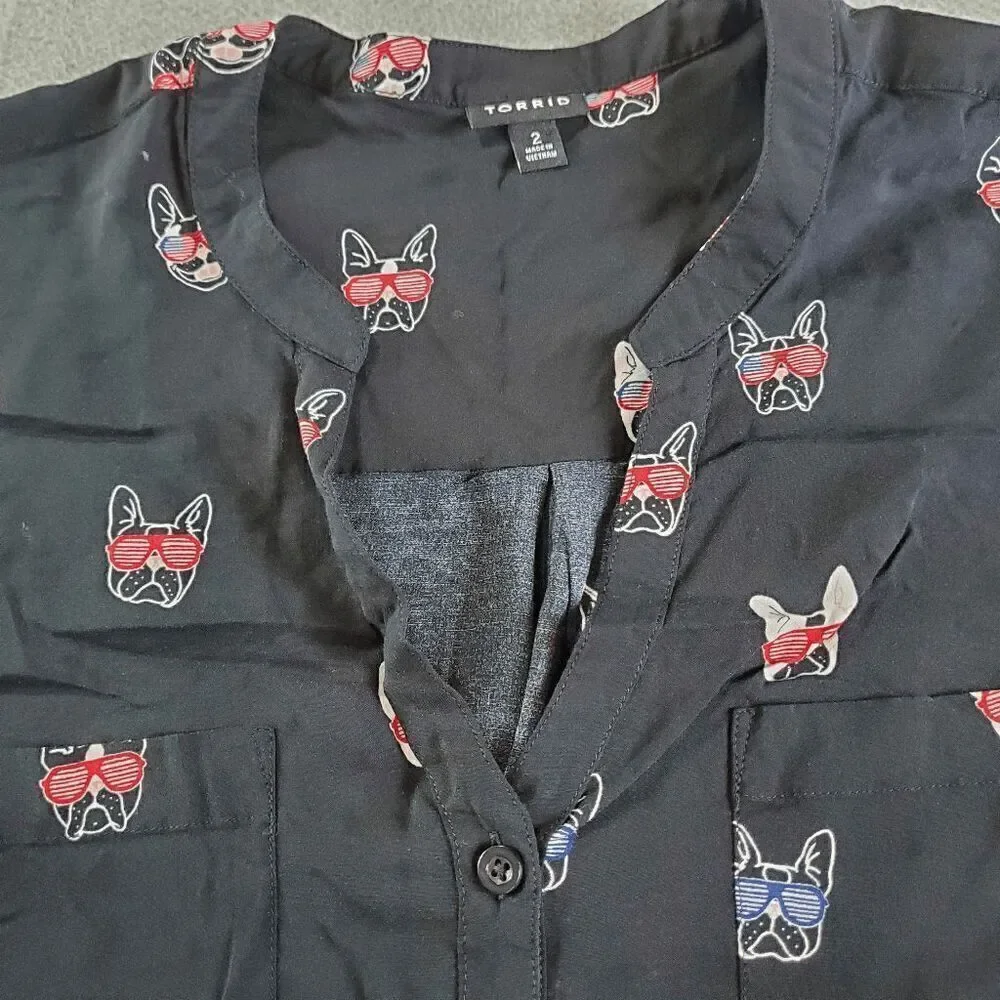 Torrid Top Womens Large Black Blouse French Bulldogs Sleeveless Button Front - Picture 7 of 10